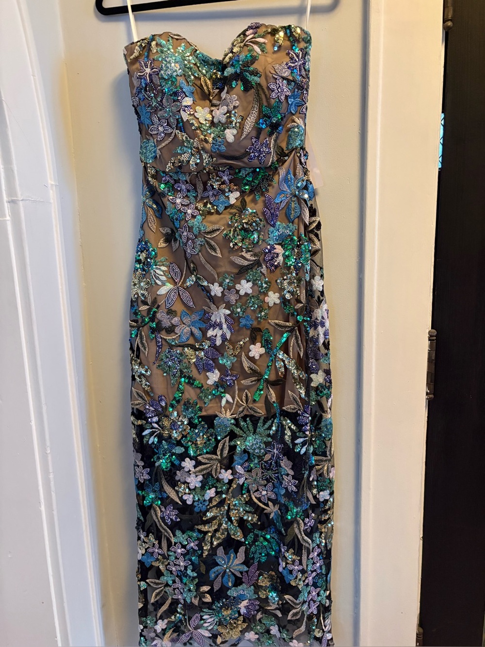 Alice + Olivia Strapless Floral Embroidered Midi Dress in Green and Blue - Picture 3 of 7